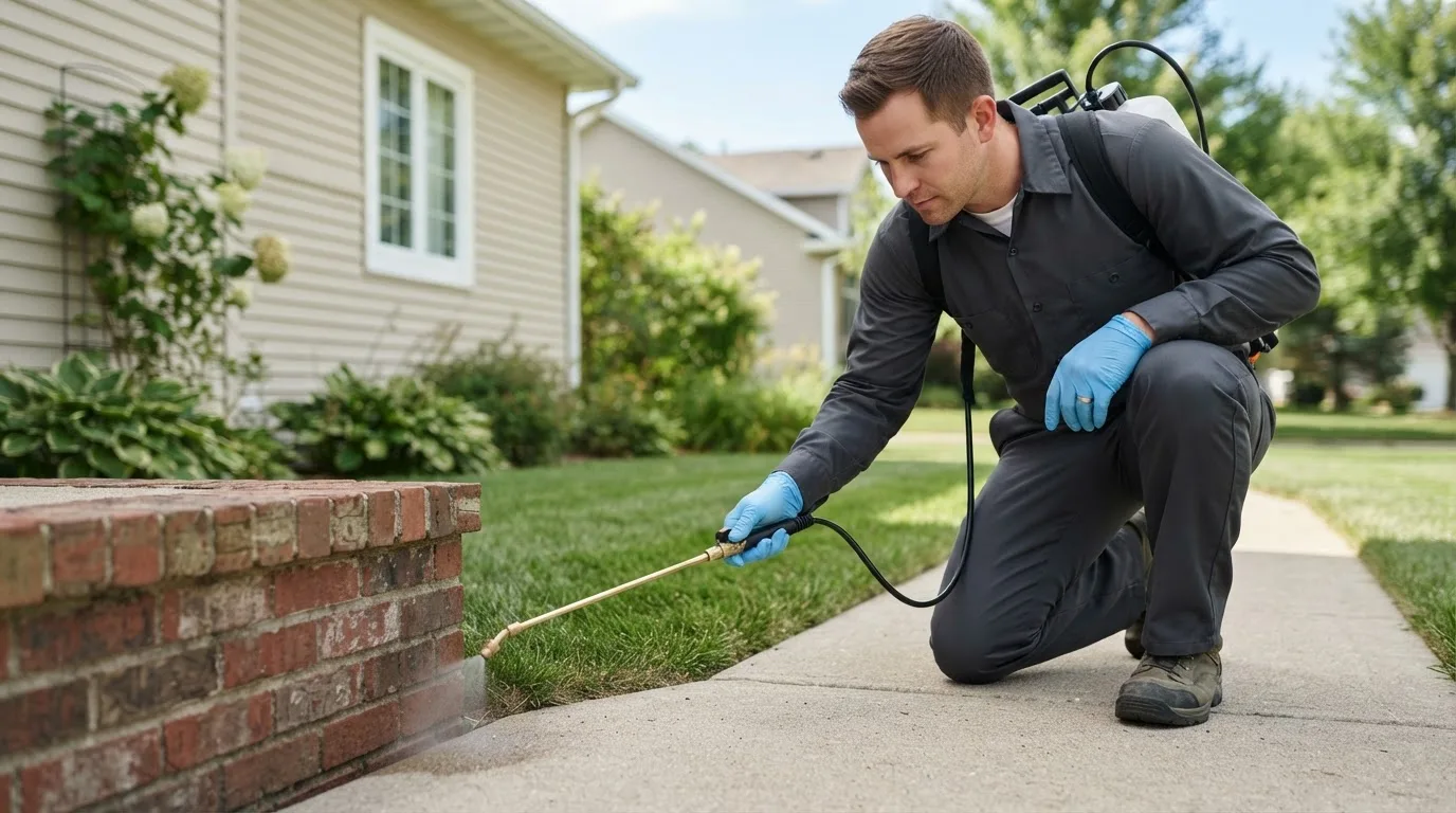 Pest control technician treating a home near Logsden, OR