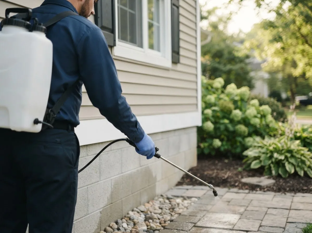 Pest control technician inspecting a home in Logsden, OR